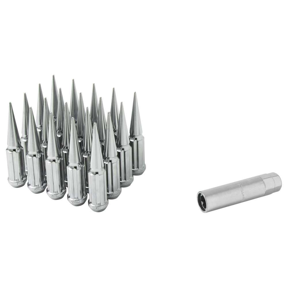 Small Diameter Spline Spike Lug Nuts - 13/16" & 7/8" Dual Hex Key - 14mm x 2.00 Thread Size - Chrome Finish - Set of 32