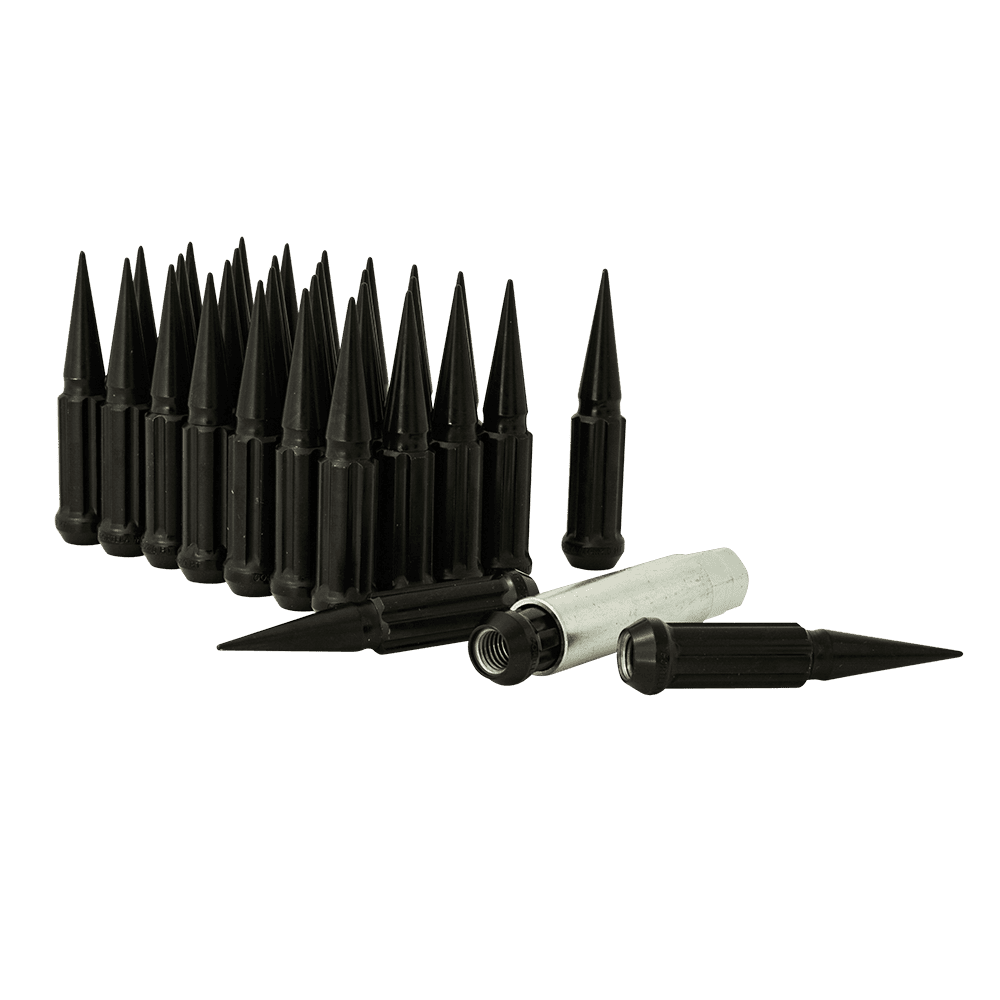 Small Diameter Spline Spike Lug Nuts - 13/16" & 7/8" Dual Hex Key - 14mm x 2.00 Thread Size - Black Finish - Set of 32